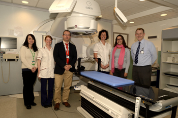 (L-R) Rebecca Bentley- Clinical Nurse Specialist; Rachel Clements- SRS Lead Radiographer; Dr Luis Aznar-Garcia- Consultant Clinical Oncologist; Suzanne Jordan- IGRT Lead Radiographer; Anna Bangiri- SRS Lead Physicist; Russell Hart- Radiotherapy Services Manager.